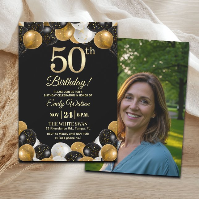 Elegant Black Gold Glitter 50th Birthday Photo Einladung (Von Creator hochgeladen)