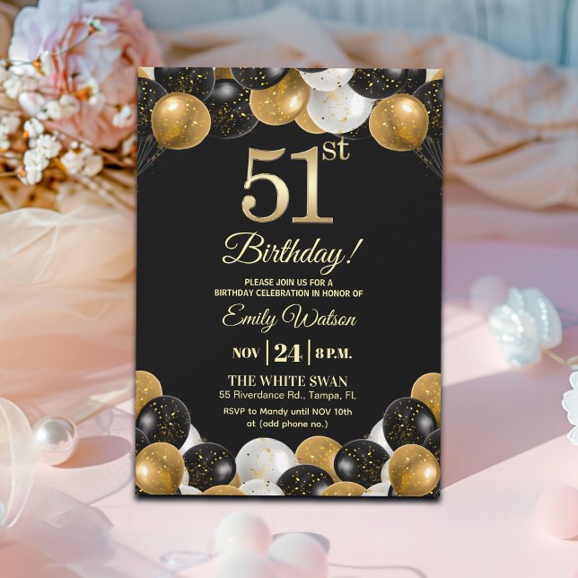 Elegant Black Gold Glitter 51st Birthday Party Einladung (Von Creator hochgeladen)