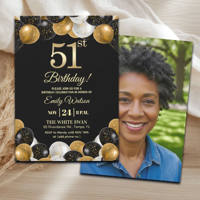 Elegant Black Gold Glitter 51st Birthday Photo Einladung (Von Creator hochgeladen)