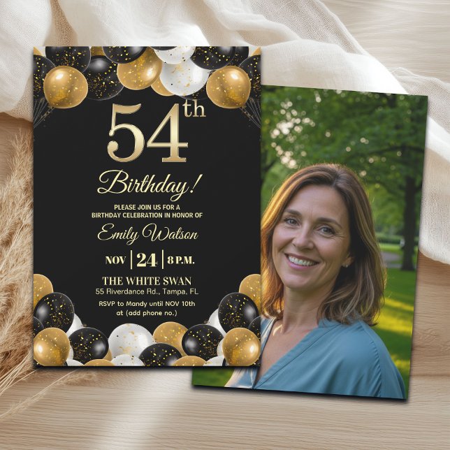 Elegant Black Gold Glitter 54th Birthday Photo Einladung (Von Creator hochgeladen)