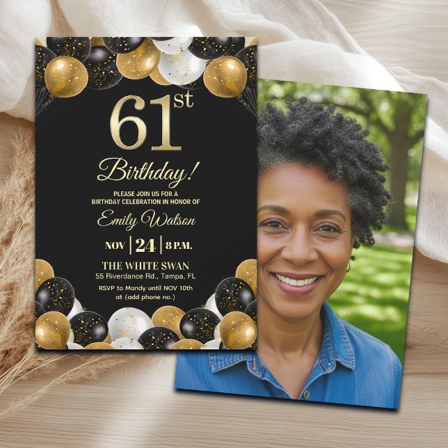 Elegant Black Gold Glitter 61st Birthday Photo Einladung (Von Creator hochgeladen)