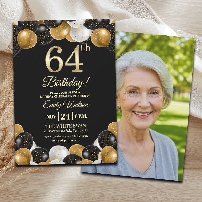 Elegant Black Gold Glitter 64th Birthday Photo Einladung (Von Creator hochgeladen)