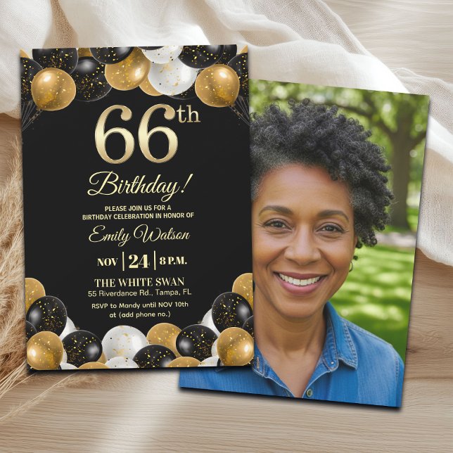 Elegant Black Gold Glitter 66th Birthday Photo Einladung (Von Creator hochgeladen)
