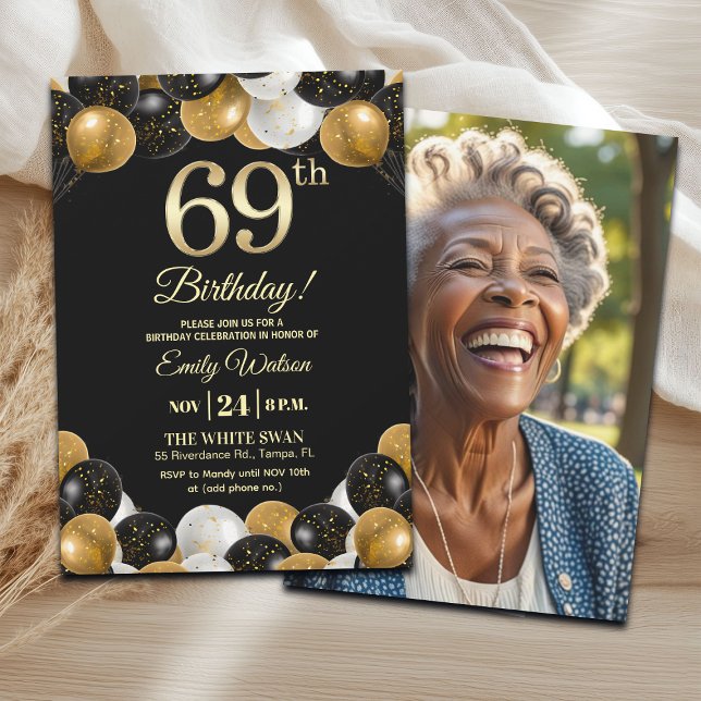 Elegant Black Gold Glitter 69th Birthday Photo Einladung (Von Creator hochgeladen)