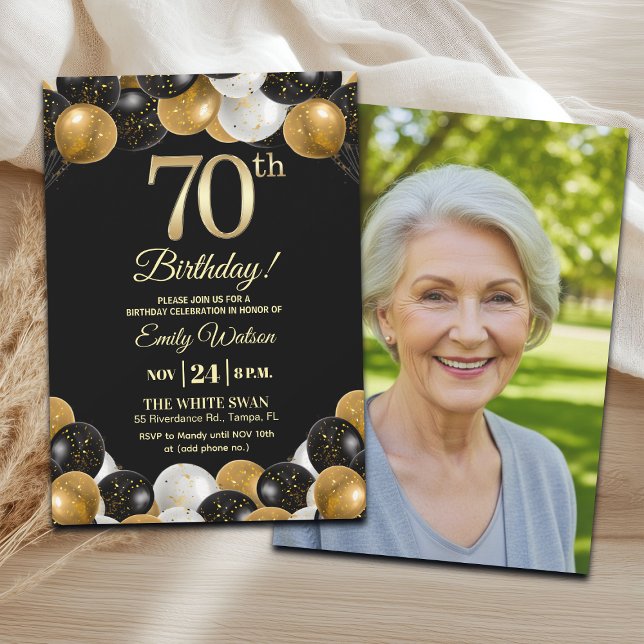 Elegant Black Gold Glitter 70th Birthday Photo Einladung (Von Creator hochgeladen)