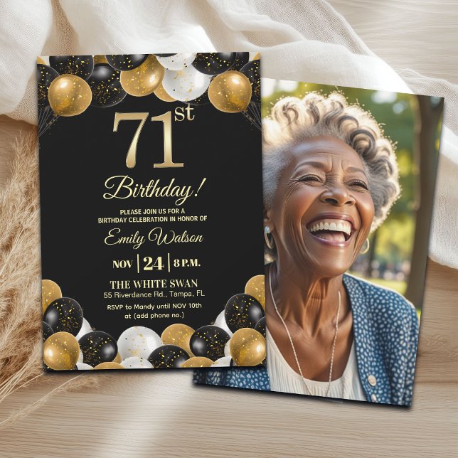 Elegant Black Gold Glitter 71st Birthday Photo Einladung (Von Creator hochgeladen)