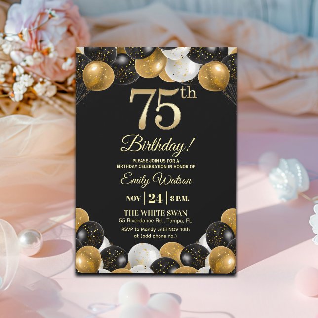 Elegant Black Gold Glitter 75th Birthday Party Einladung (Von Creator hochgeladen)