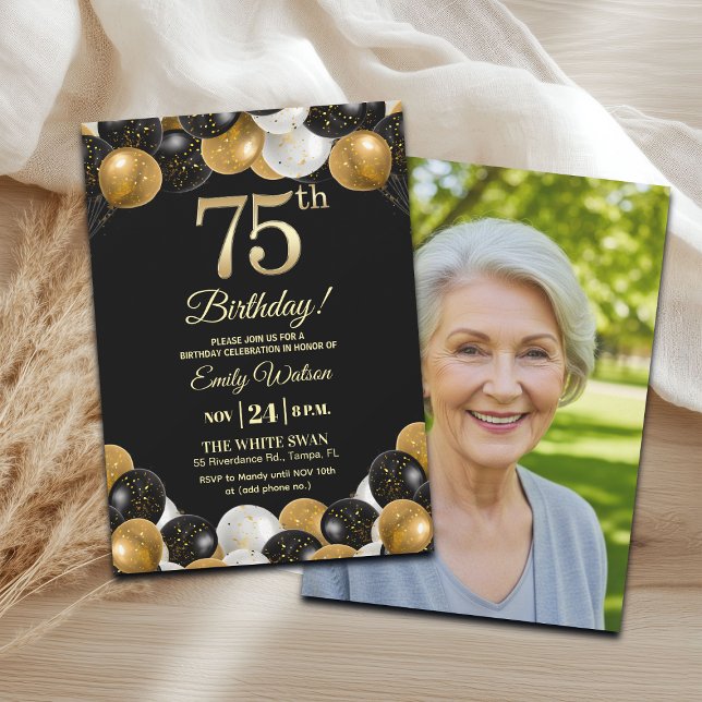 Elegant Black Gold Glitter 75th Birthday Photo Einladung (Von Creator hochgeladen)