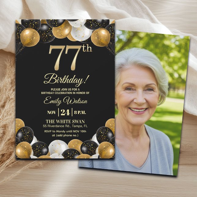 Elegant Black Gold Glitter 77th Birthday Photo Einladung (Von Creator hochgeladen)