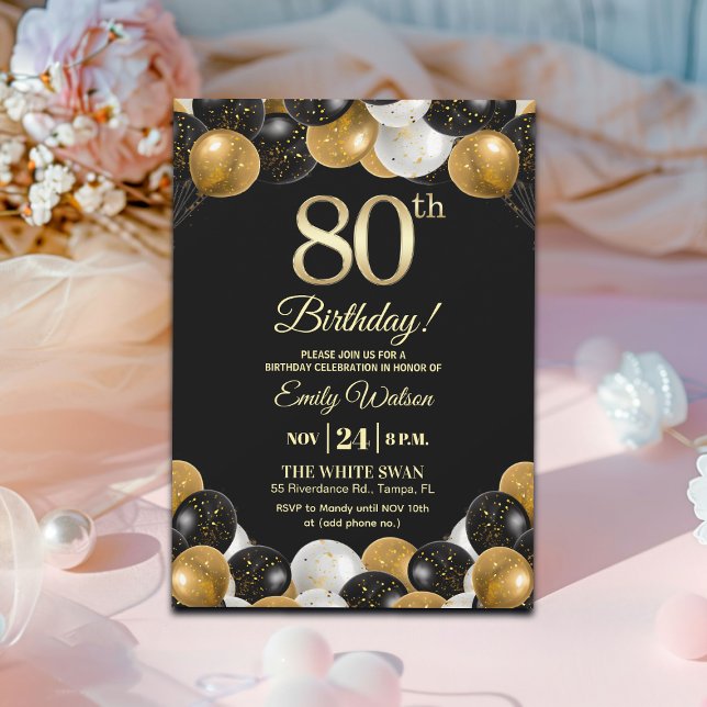 Elegant Black Gold Glitter 80th Birthday Einladung (Von Creator hochgeladen)