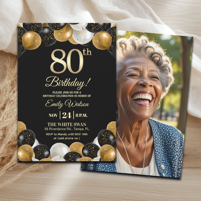 Elegant Black Gold Glitter 80th Birthday Photo Einladung (Von Creator hochgeladen)