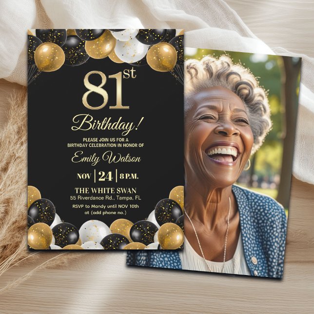Elegant Black Gold Glitter 81st Birthday Photo Einladung (Von Creator hochgeladen)