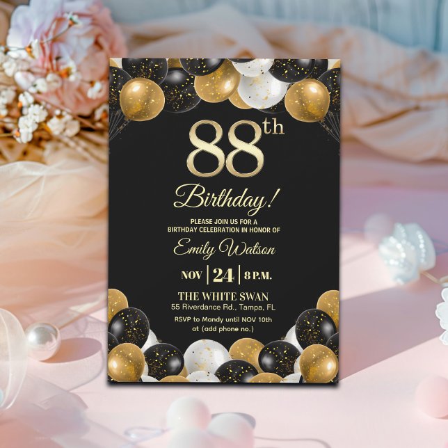 Elegant Black Gold Glitter 88th Birthday  Einladung (Von Creator hochgeladen)