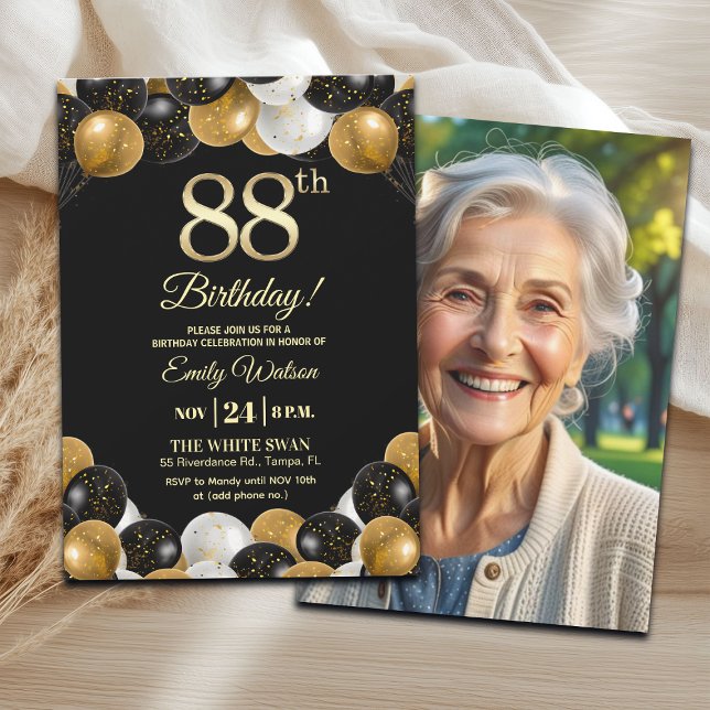 Elegant Black Gold Glitter 88th Birthday Photo Einladung (Von Creator hochgeladen)