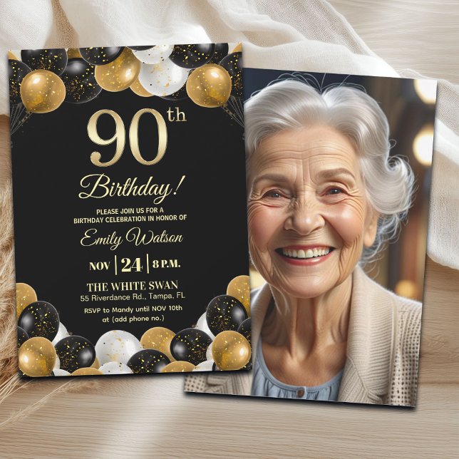 Elegant Black Gold Glitter 90th Birthday Photo Einladung (Von Creator hochgeladen)