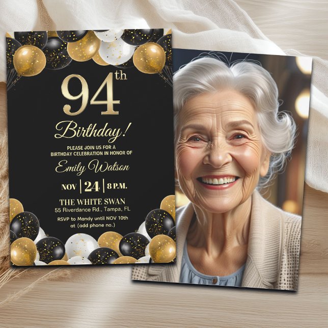 Elegant Black Gold Glitter 94th Birthday Photo Einladung (Von Creator hochgeladen)
