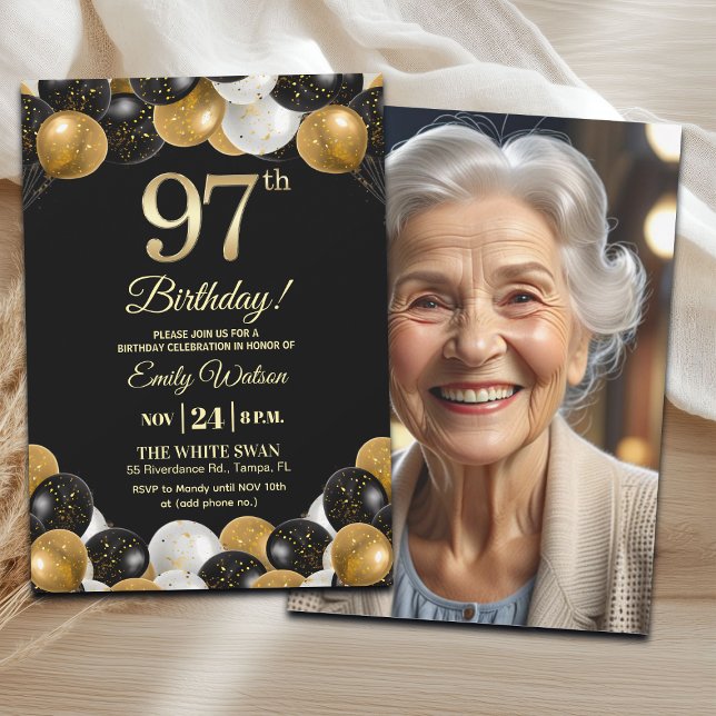 Elegant Black Gold Glitter 97th Birthday Photo Einladung (Von Creator hochgeladen)