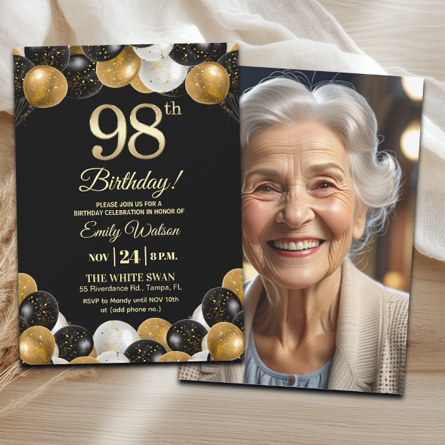 Elegant Black Gold Glitter 98th Birthday Photo Einladung (Von Creator hochgeladen)
