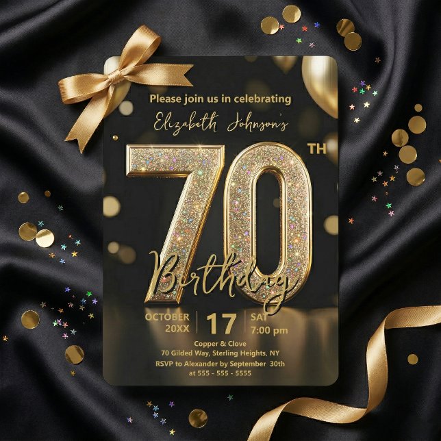 Elegant Black Gold Glitter Balloons 70th Birthday Einladung (Von Creator hochgeladen)