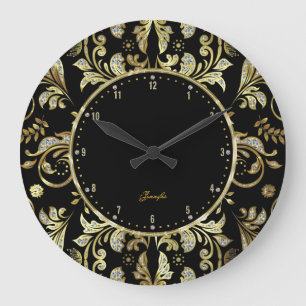 Elegant Black & Gold Glitter Floral Damasks 2 Große Wanduhr