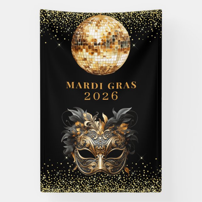 Elegant Black Gold Glitter Mardi Gras 2026 Banner (Vertikal)