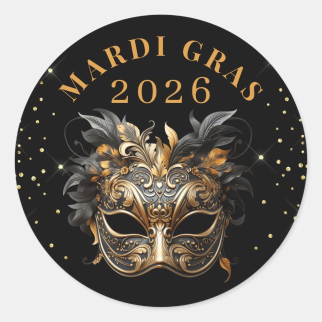 Elegant Black Gold Glitter Mardi Gras 2026 Runder Aufkleber (Vorderseite)