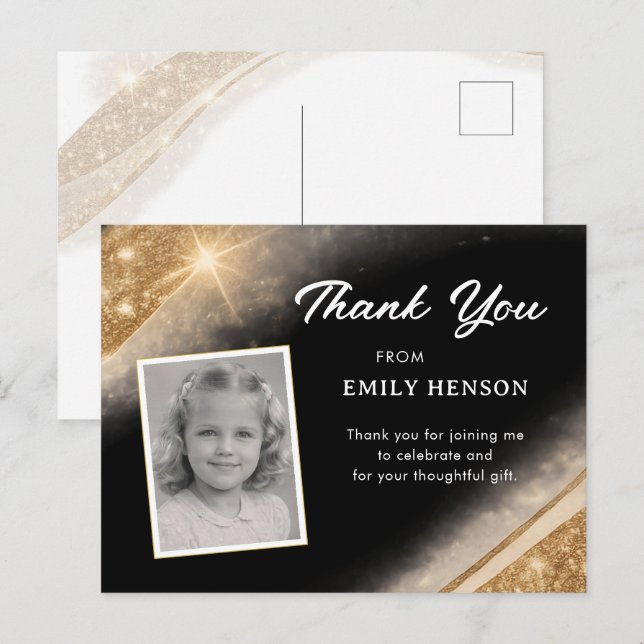 Elegant Black Gold Glitter Photo Birthday Postkarte (Vorne/Hinten)