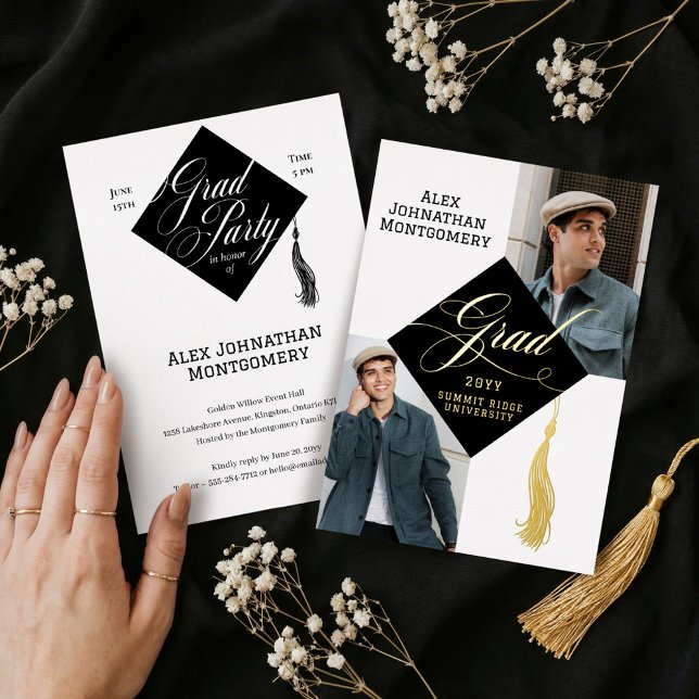Elegant Black Gold Grad Cap Tassel Graduate Photo Folieneinladung (Elegant Black Gold Grad Cap Tassel Graduate Photo Foil Invitation)