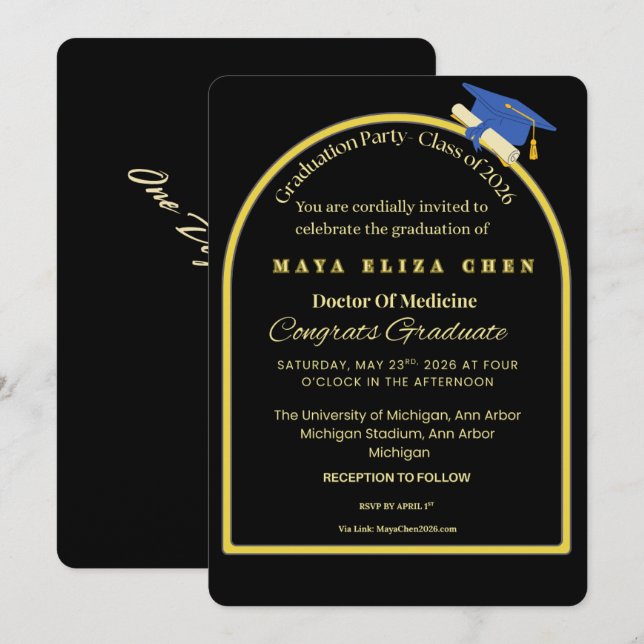 Elegant Black & Gold Graduate Celebration Invite | Einladung (Vorne/Hinten)