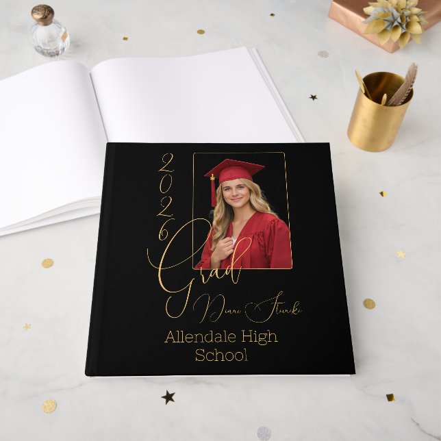 Elegant Black & Gold Graduation Gästebuch (Vorderseite Offen)