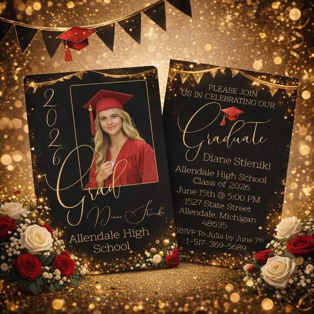 Elegant Black & Gold Graduation Invitation  Einladung (Von Creator hochgeladen)