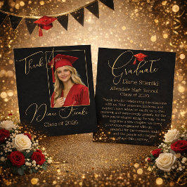Elegant Black & Gold Graduation Thank You Card Dankeskarte