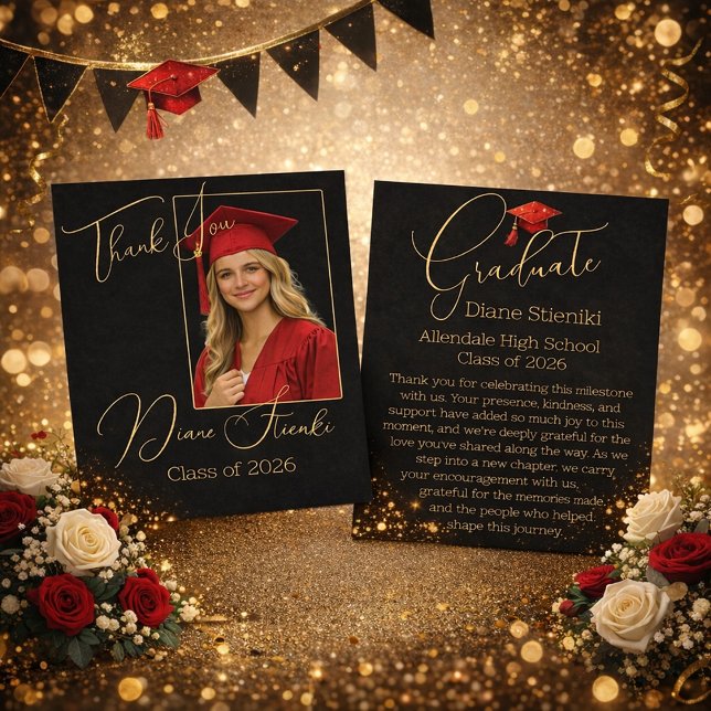 Elegant Black & Gold Graduation Thank You Card Dankeskarte (Von Creator hochgeladen)