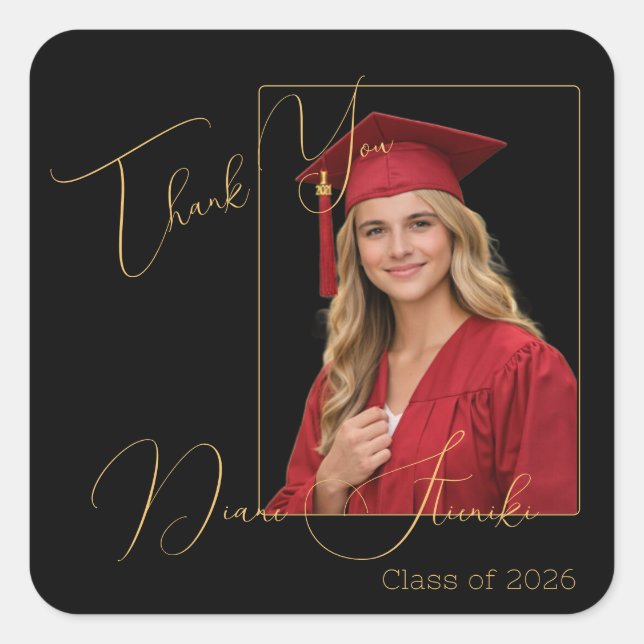 Elegant Black & Gold Graduation Thank You  Quadratischer Aufkleber (Vorderseite)