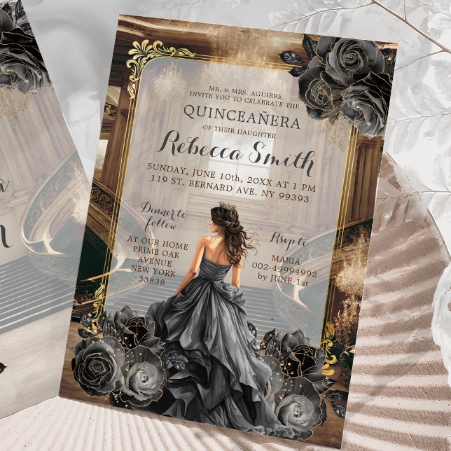 Elegant Black Gold Grand Ballroom Princess 15 Años Einladung (Von Creator hochgeladen)