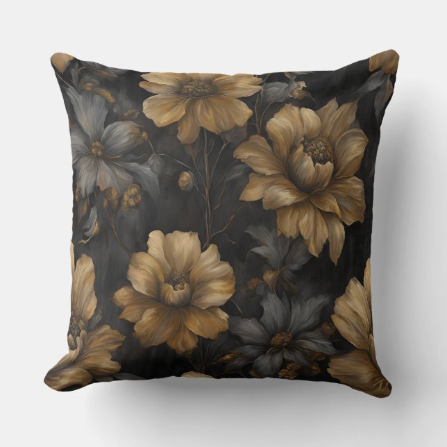 Elegant Black Gold Gray Floral Kissen (Vorderseite)