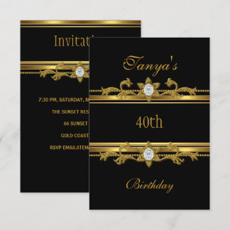 Elegant Black Gold Jewel 40. Geburtstag Einladung