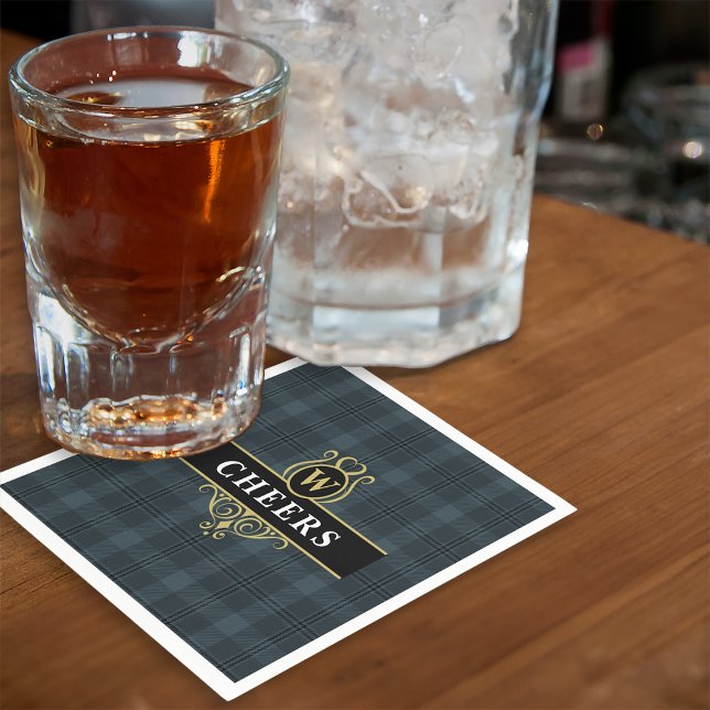 Elegant Black Gold Kariert Monogram Initial Serviette (Von Creator hochgeladen)