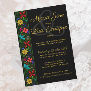 Elegant Black Gold Latin Folk Floral Wedding Einladung