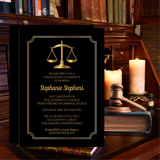 Elegant Black | Gold Law Attorney Graduation Party Einladung (Elegant Black and Gold Tone Scales Law Lawyer | Attorney Graduation Party Invitation)
