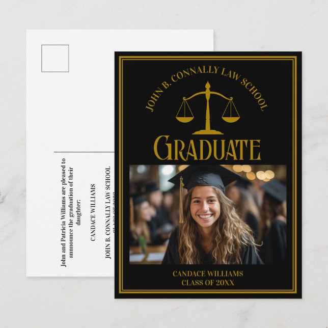 Elegant Black Gold Law School Graduation Photo Ankündigungspostkarte (Vorne/Hinten)