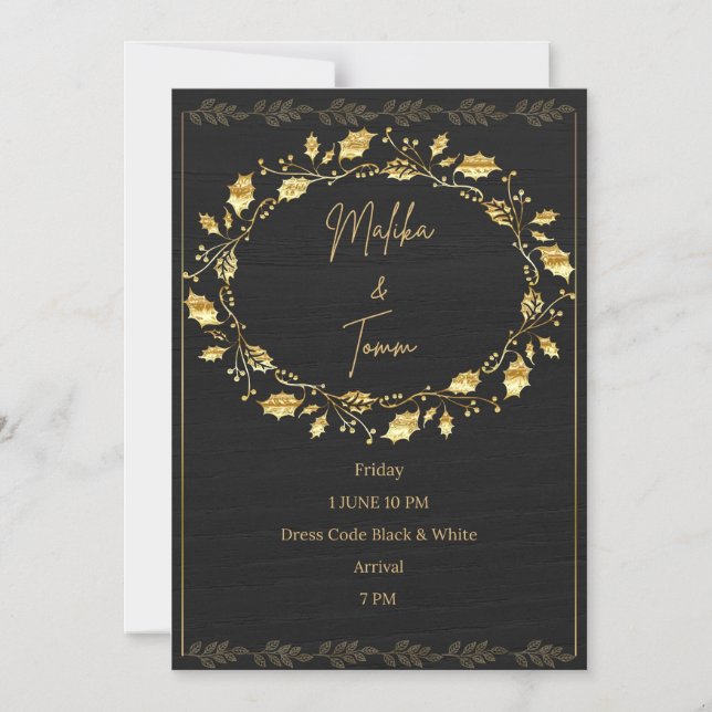 Elegant Black & Gold Leaf Wedding Invitation Magneteinladung (Vorderseite)