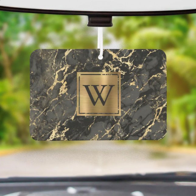 Elegant Black Gold Marble Monogram Autolufterfrischer (Von Creator hochgeladen)