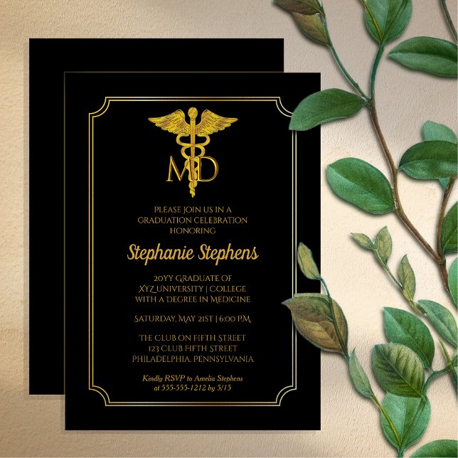 Elegant Black Gold MD Einladung (Elegant Black and Gold Tone "MD" Physician | Doctor Graduation Party Invitation - Print | Download)