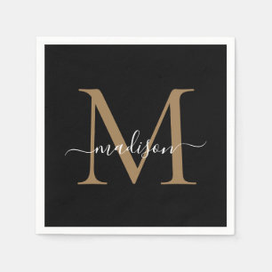 Elegant Black Gold Monogram Girly Script Geburtsta Serviette