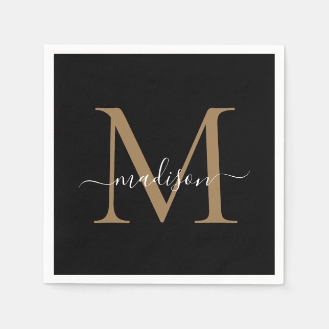 Elegant Black Gold Monogram Girly Script Geburtsta Serviette (Vorderseite)