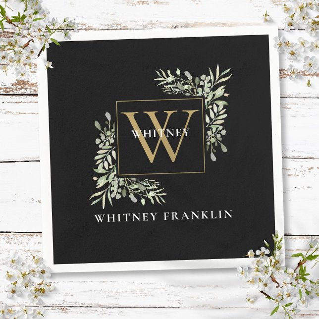 Elegant Black Gold Monogram Greenery Eukalyptus Serviette (Elegant Black Gold Monogram Greenery Eucalyptus Napkins)