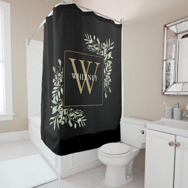 Elegant Black Gold Monogram Greenery Floral Duschvorhang (Beispiel)