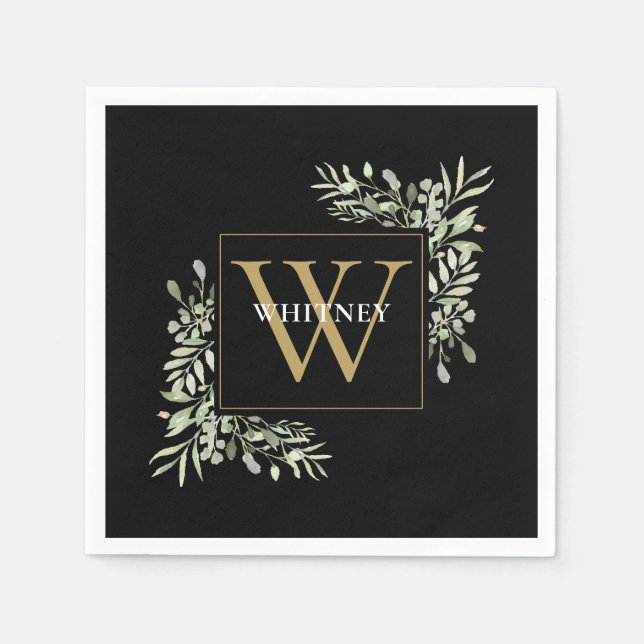 Elegant Black Gold Monogram Greenery Floral Serviette (Vorderseite)