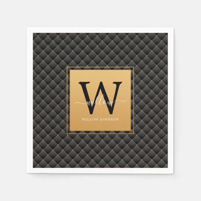 Elegant Black Gold Monogram, Initialskript Stilvol Serviette (Vorderseite)